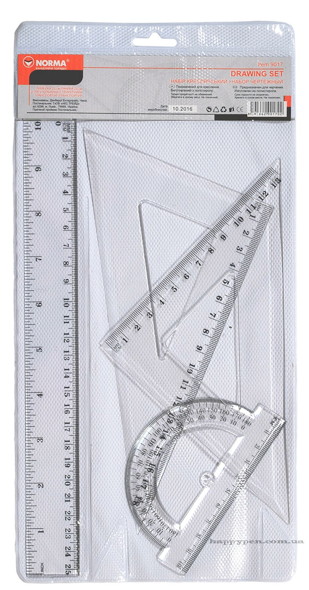 Лінійки в наборі (лінійка 25см. + 2 трикутника + транспортир), пластик. NORMA - фото 1