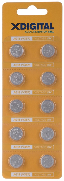 Батарейка AG13 (LR44, G13, A76, SR 44W, GP76A, 357, GPA76, 1154), 1,5V, 10шт./уп. X-Digital - фото 1