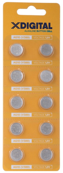 Батарейка AG10 (LR54, G10, LR1130, LR1131, 189, GP89A, 389, SR1130W) 1,5V, 10шт/уп. X-Digital - фото 1