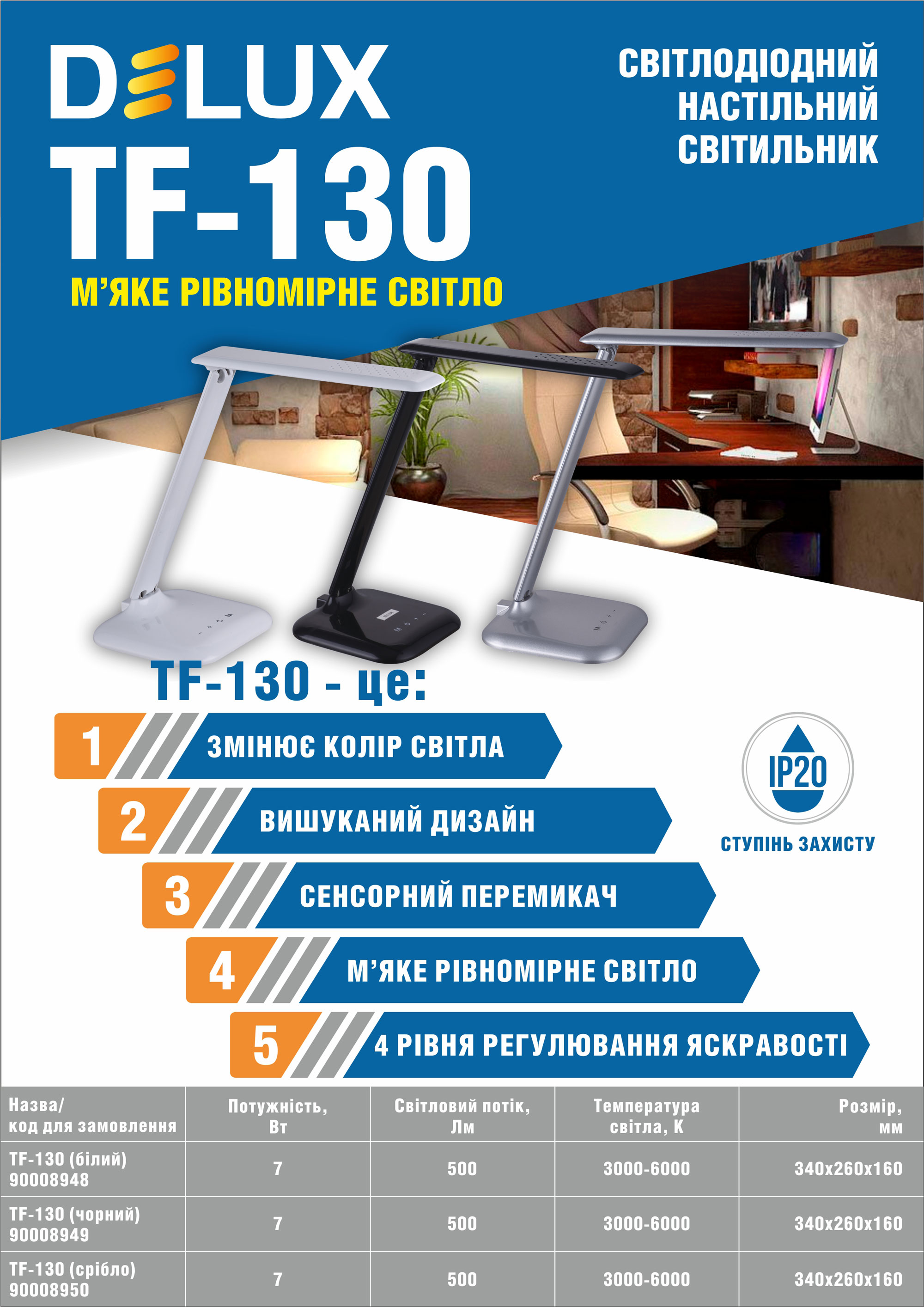 Светильник настольный на  подставке LED DELUX TF-130 3000К/6000К 7Вт, бел. DeLux - фото 4