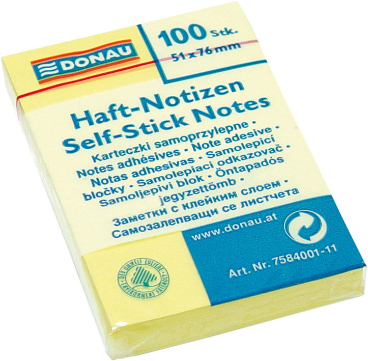 Блок бумаги с клейким слоем 51*76мм.*100 листов желт. DONAU - фото 1
