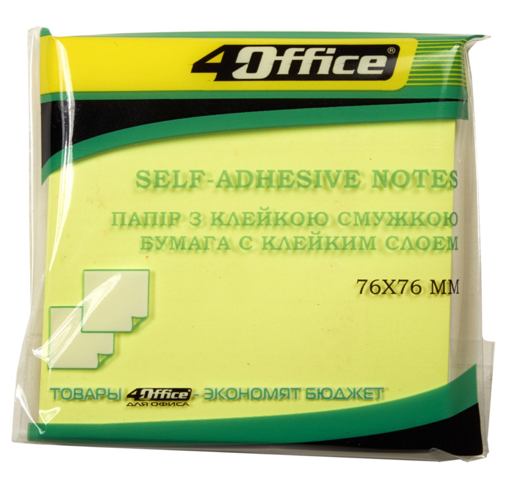 Блок бумаги с клейким слоем 76*76мм.*80 листов, неон. желт. 4Office - фото 1