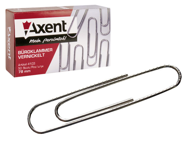 Скрепки 78мм., никель., круглые,  50шт., картон. уп. Axent - фото 1