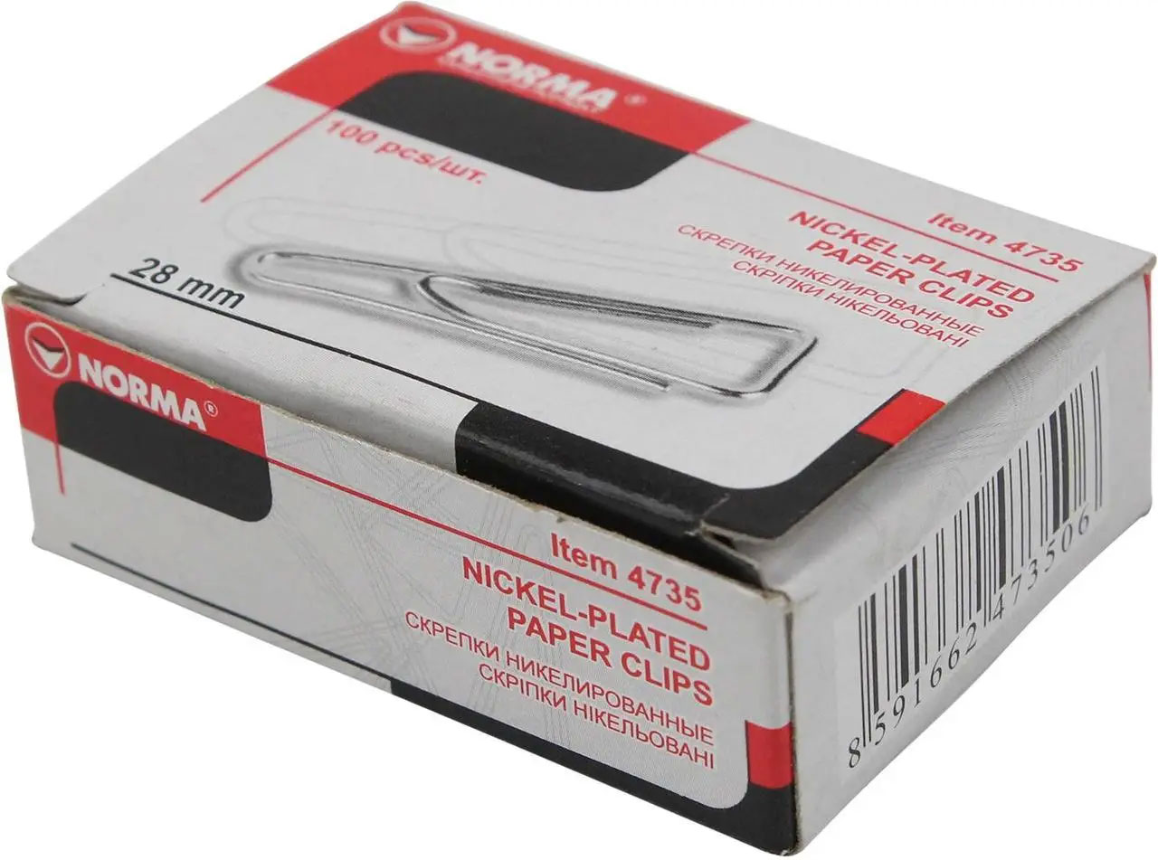 Скріпки нікельовані трикутні, 28мм., 100шт., картон. уп. NORMA - фото 1