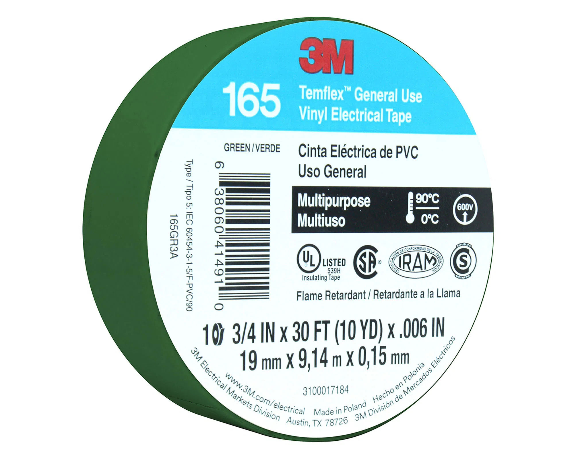 Ізоляційна стрічка (ізостпічка) 3M™ Temflex™ 165, 15мм.*10м.*0,15мм., зелен. 3M - фото 3