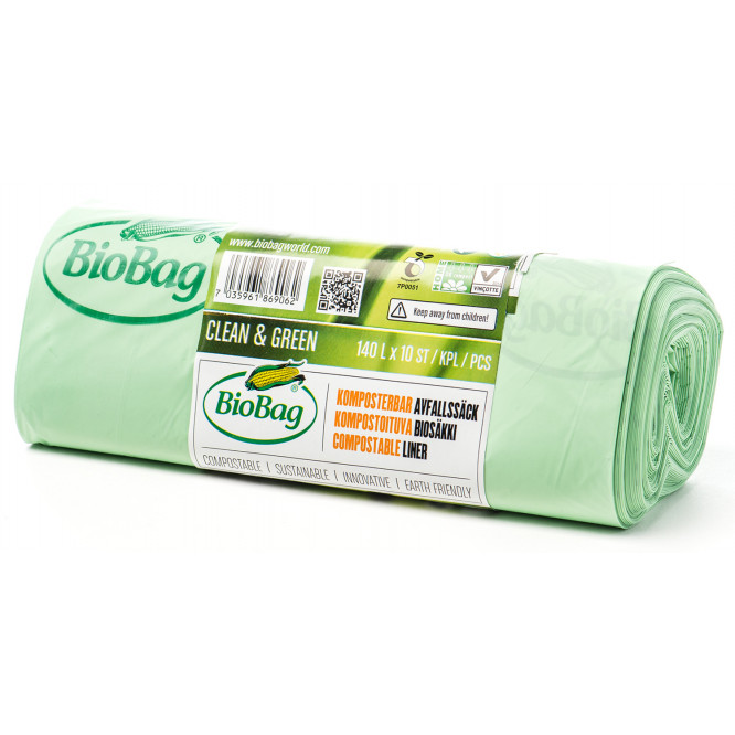 Мішки для сміття біорозкладні BioBag на 140-190літрів, 75*114см., 21мікрон, 10шт. в рул., зелен. BioBag - фото 1