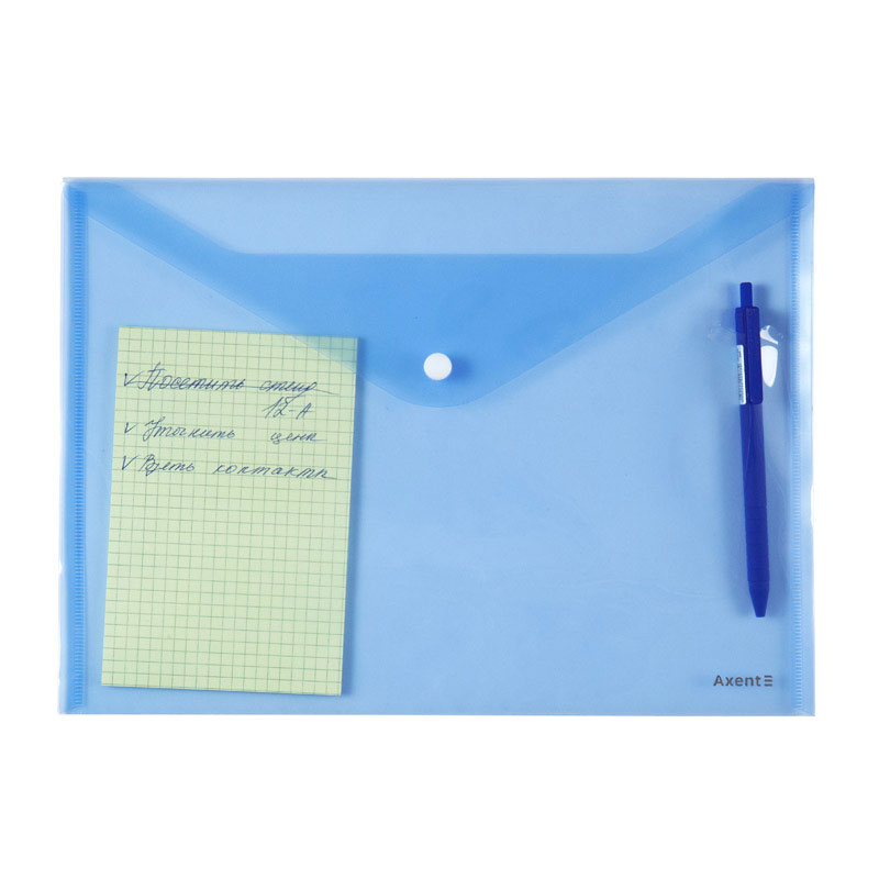 Папка-конверт на кнопке А4, прозрачная, полипропилен 180мкм., син. Axent - фото 1