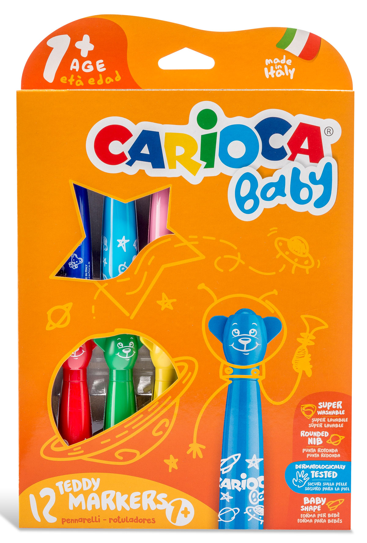 Фломастеры смываемые на водной основе Teddy Marker 1+ Carioca Baby, 12цв., для детей от 1-го года Carioca - фото 1