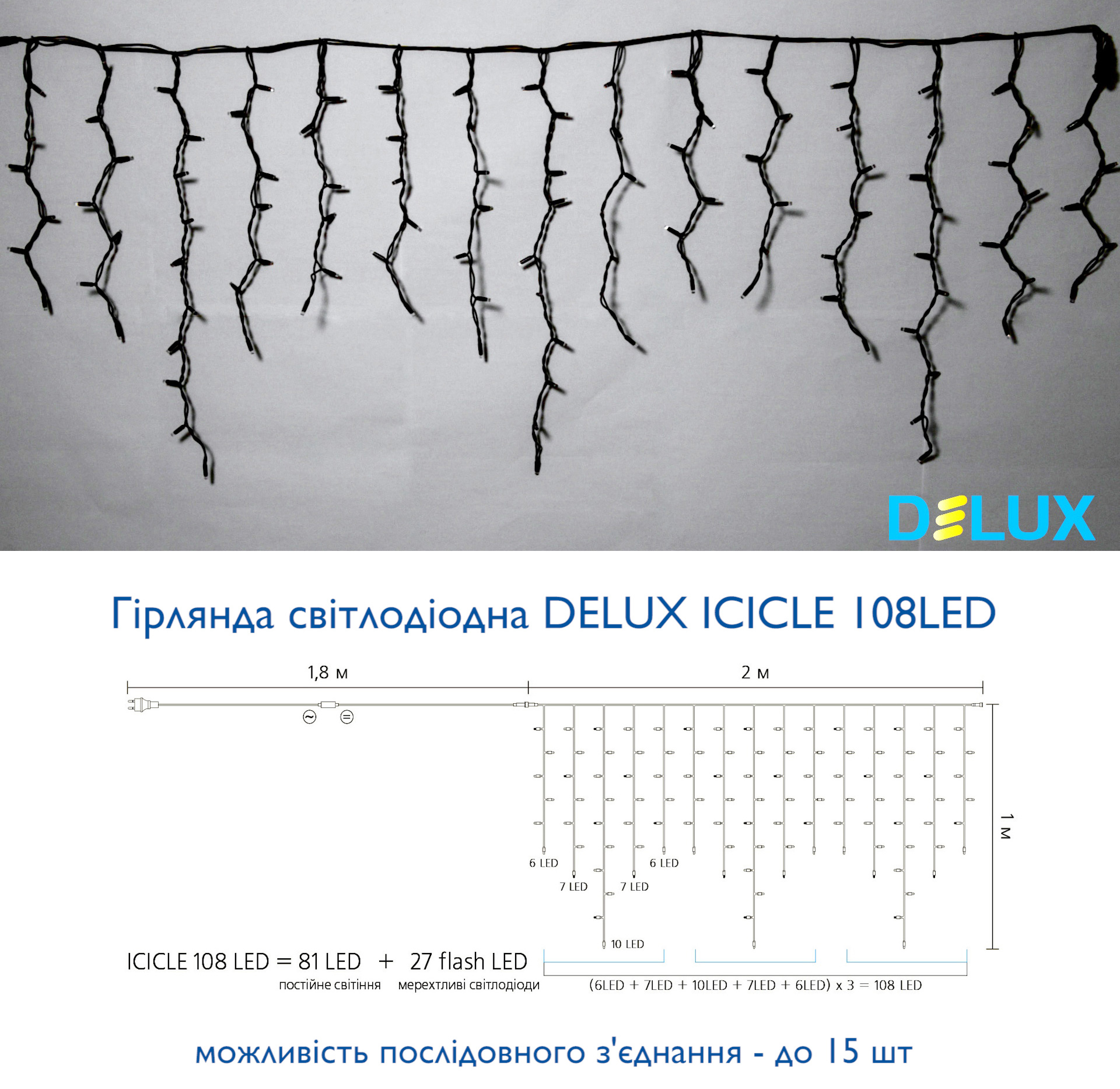 Гирлянда внешняя DELUX ICICLE LED на 108 светод. (из них 27 flash), 2 по 1метру, IP44, разноцветная DeLux - фото 2