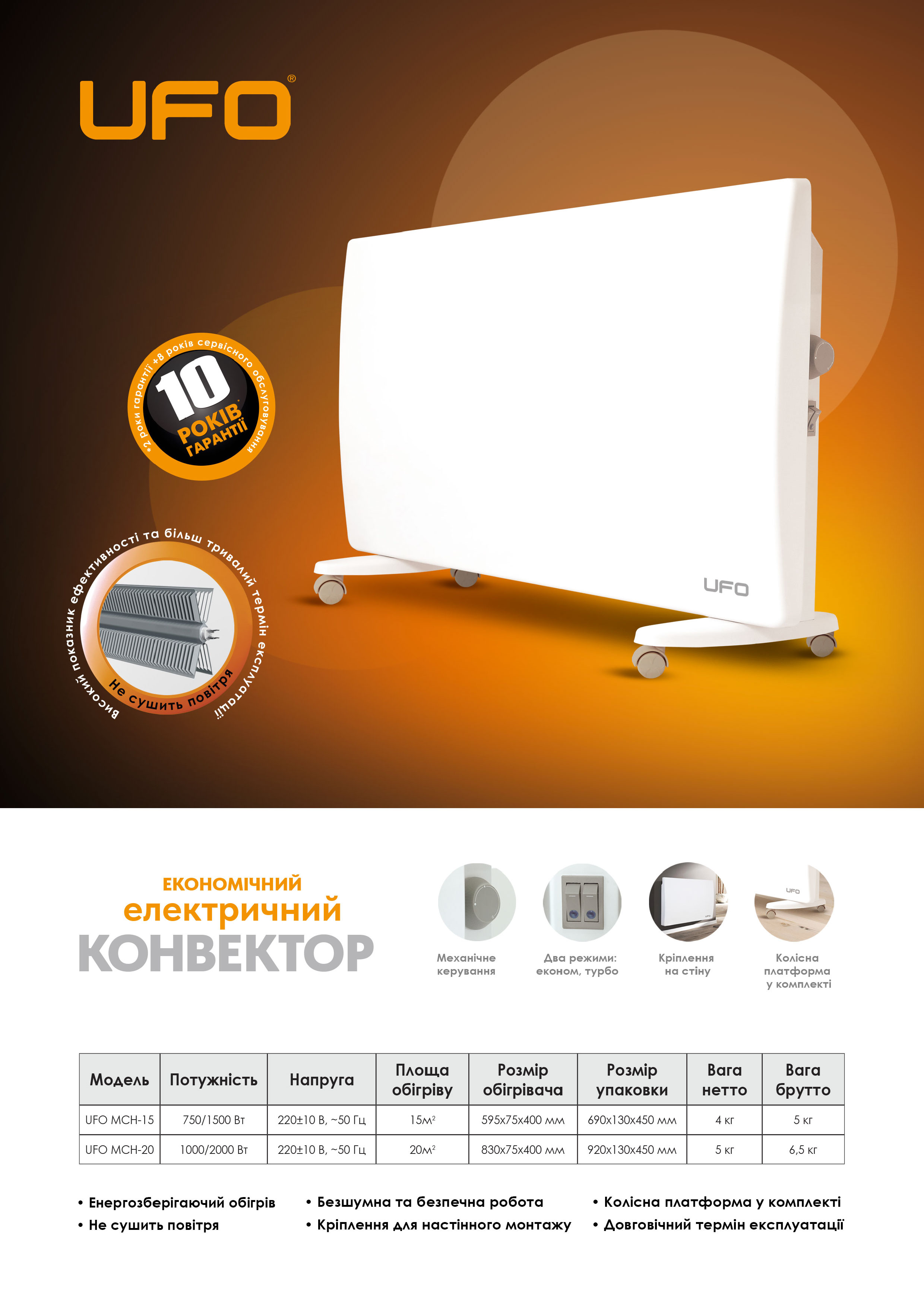 Обогреватель конвекторный UFO MCH-20, 2,0кВт., мех. терм., крепл. на стену, подст. на колесах, бел. UFO - фото 4