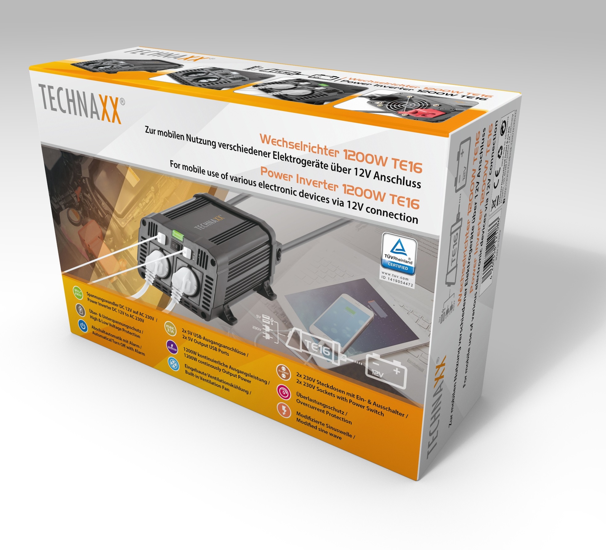 Инвертор автомобильный Technaxx TE16 1200/2400Вт, DC-12В/AC-230В (4753) TECHNAXX - фото 5