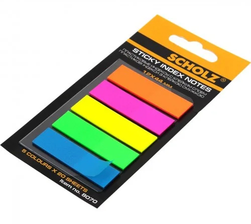 Закладки пластиковые 12х44мм., 100шт., 5 цветов по 20 листов, неон Scholz - фото 1