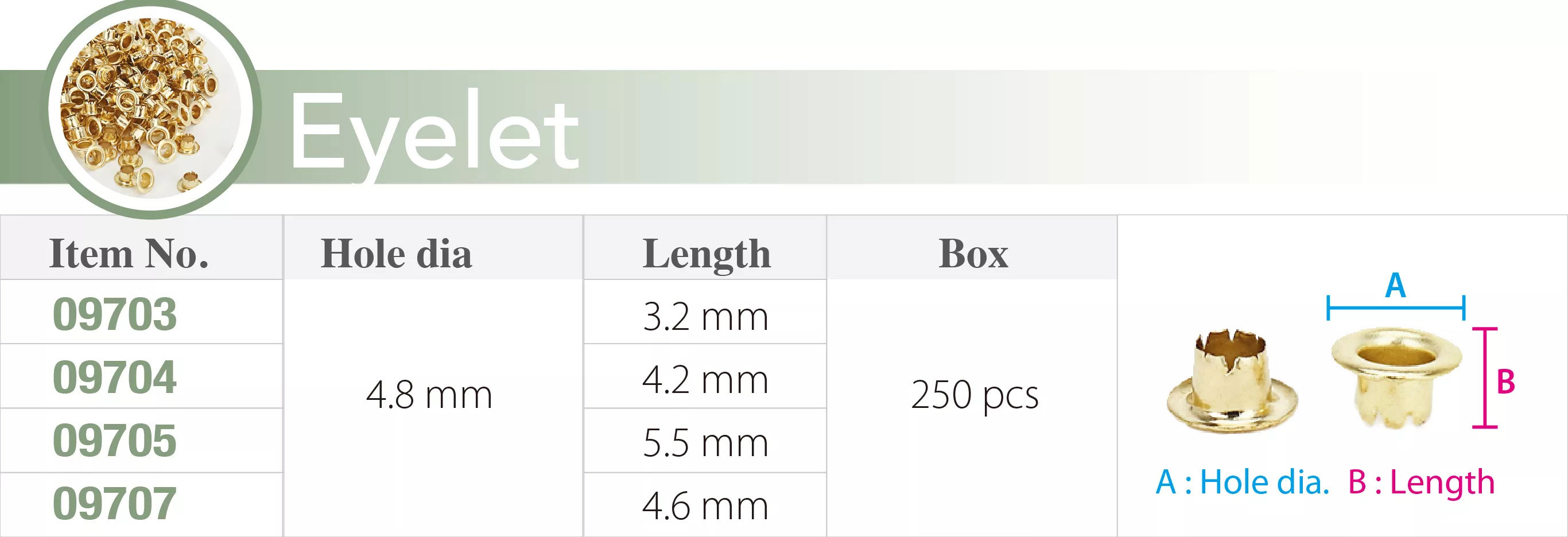 Люверси (кльопки) для ручного заклепника, діам. 4,8мм., 250шт/уп., золот. KW-Trio - фото 1