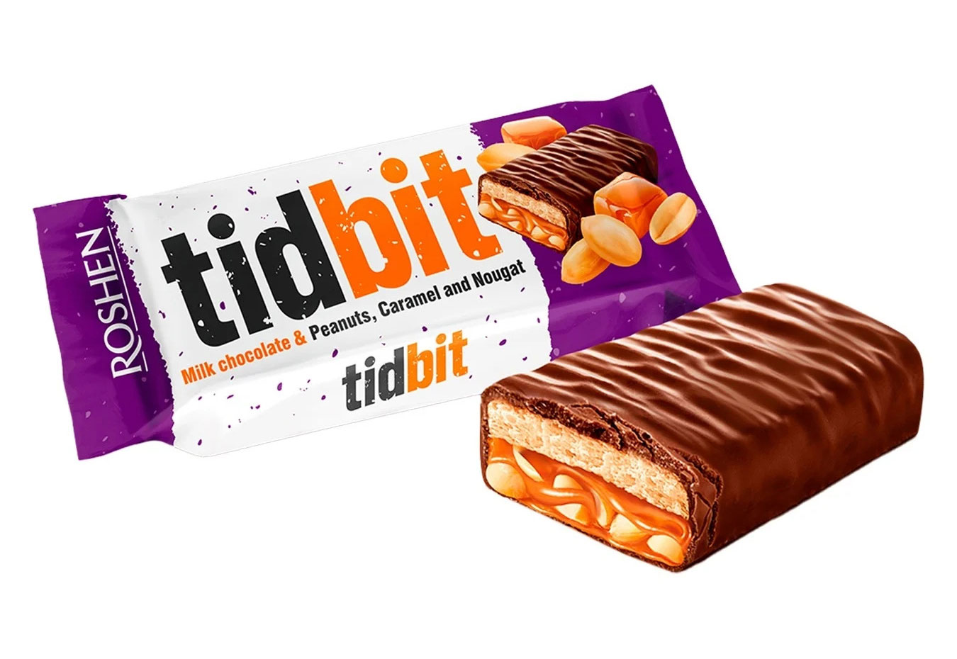 Батончик TIDBIT молочный шоколадный с нугой, мягкой карамелью и арахисом, 50г. Roshen - фото 1