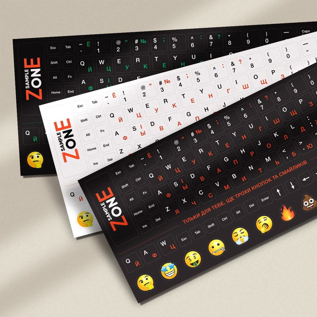 Наліпки на клавіатуру SampleZone SZ-BK-RS (англ./укр./рос.) чорні непрозорі, літери біло-помаранчеві Україна - фото 3