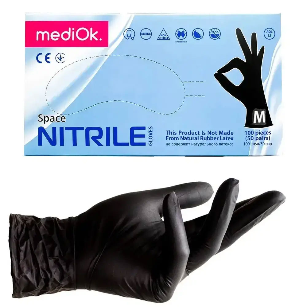 Перчатки нитриловые неопудренные текстуровані, M, 100шт./уп.  черн. MediOk - фото 2