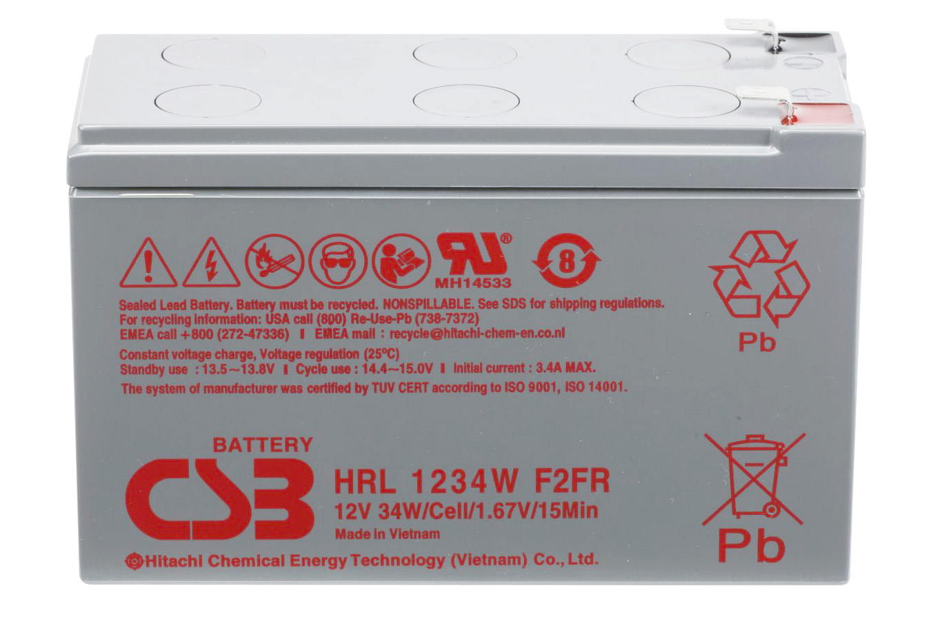 Аккумуляторная батарея для ИБП, AGM 12V 9Ah, 150*64*98,3мм, гелевая (HRL1234WF2FR) CSB - фото 2