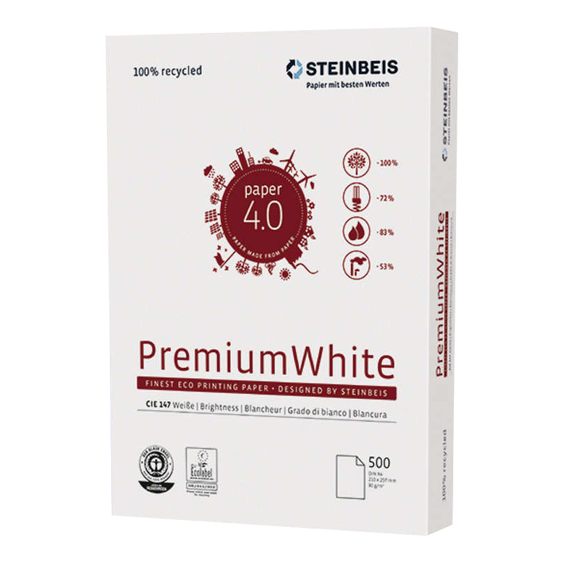 Папір А4 80г/м2 500арк. Premium White ISO 100/СІЕ 147 на 100% із вторинної сировини, біла STEINBEIS - фото 1