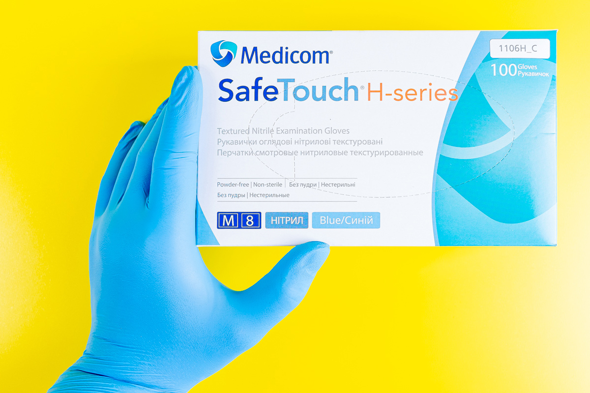 Рукавички нітрілові без пудри, M (100шт/уп.) SafeTouch® H-series, блакит. Medicom - фото 3