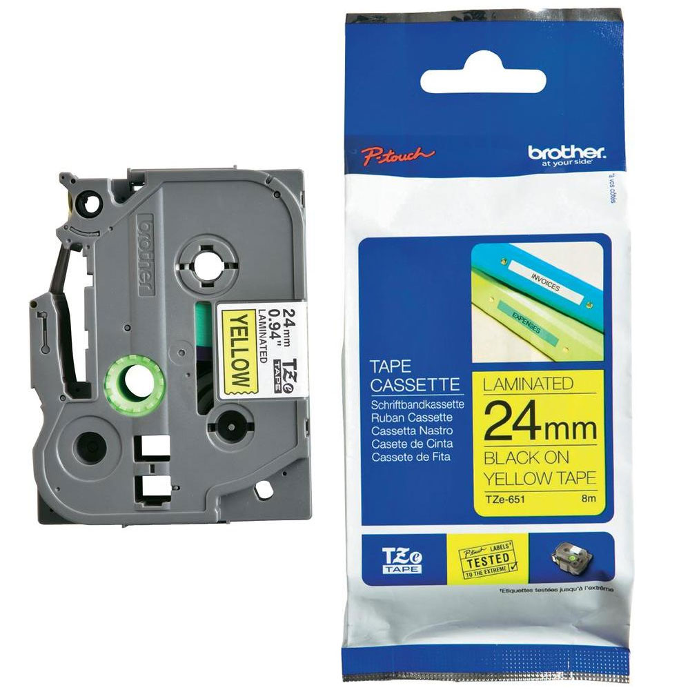 Термо-лента TZe-651, 24 мм., ламинированная, для печати наклеек., черный на желтом фоне Brother - фото 1