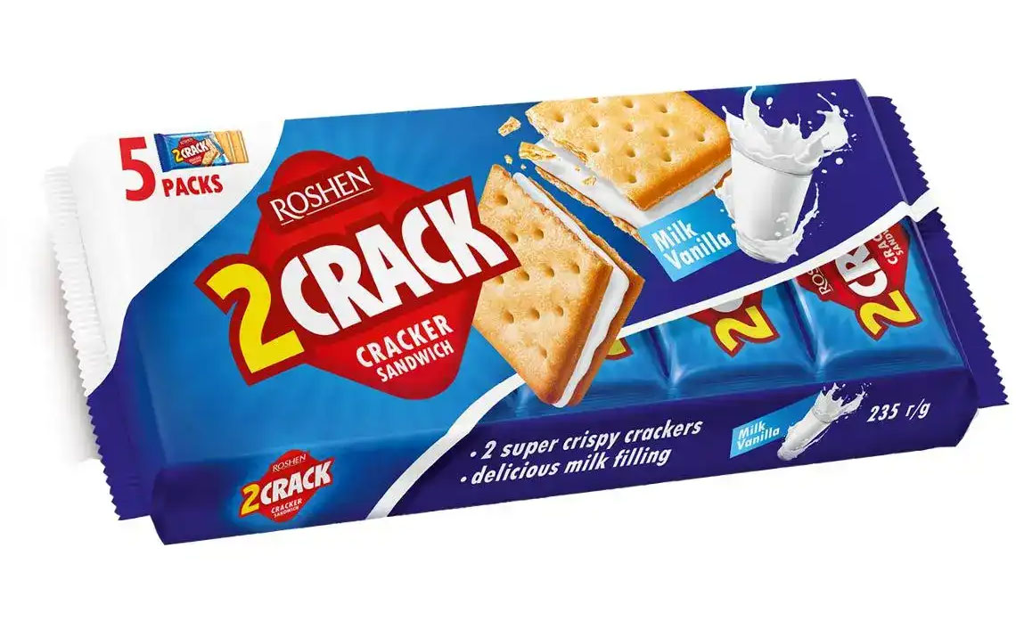 Крекер 2 CRACK з молочно-ванільною начинкою,235г. Roshen - фото 1