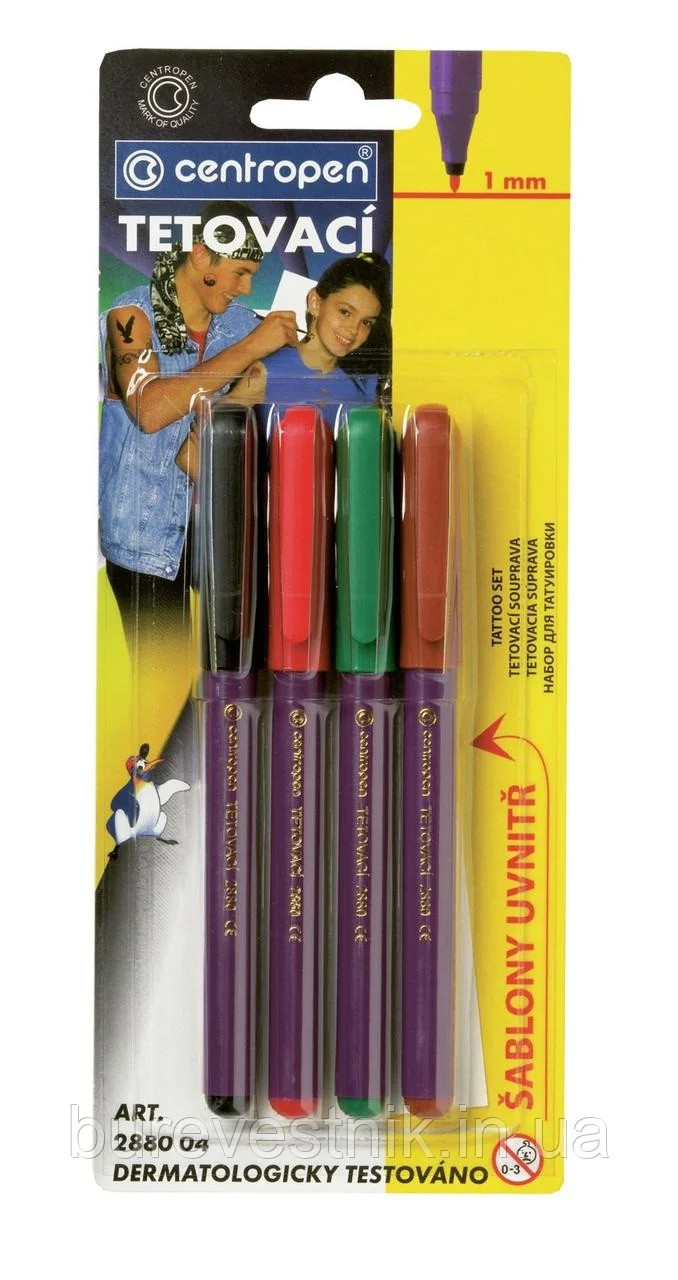 Маркер для малювання на шкірі 2880, круглий наконечник 1мм., набір 4шт./уп.., асорті Centropen - фото 1