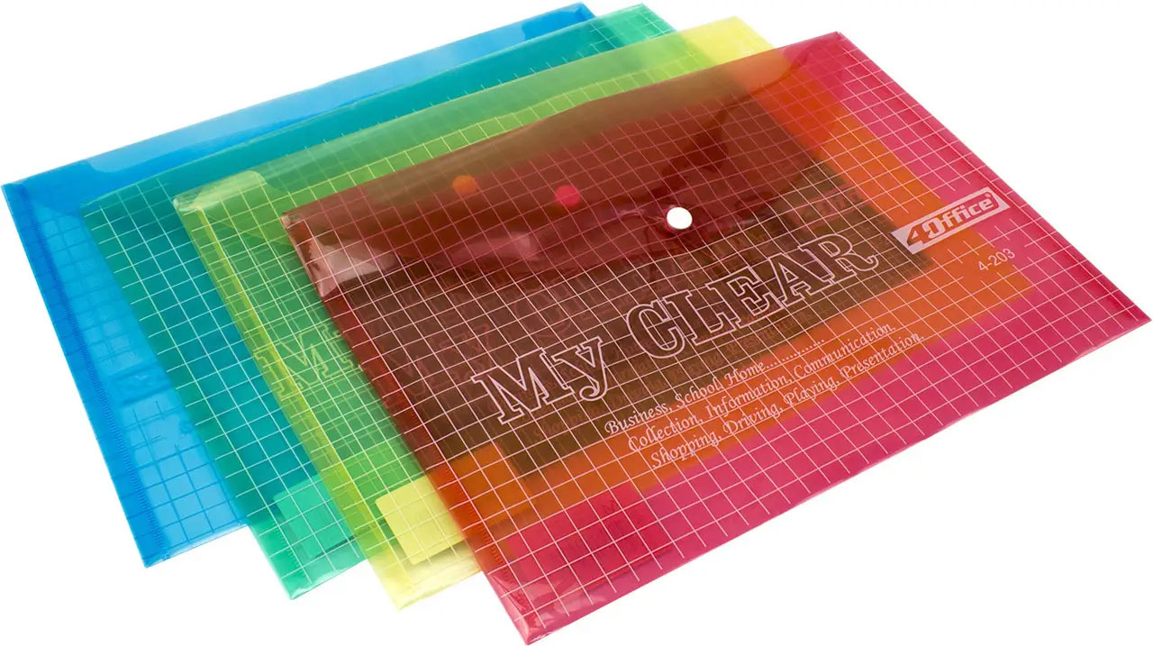 Папка-конверт на кнопке А4, тонкая, прозр. в клеточку, ассорт. 4Office - фото 1