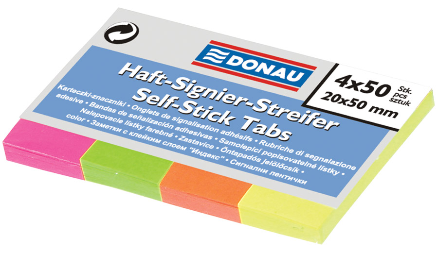 Закладки бумажные 20х50мм., 200шт., 4 цвета по 50 листов, неон DONAU - фото 1