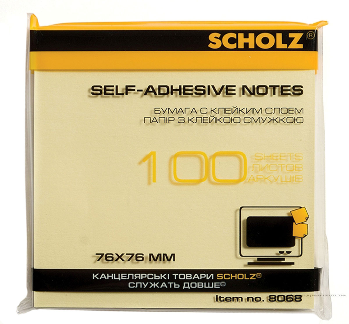 Блок бумаги с клейким слоем 76*76мм.*100 листов, паситель желт. Scholz - фото 1