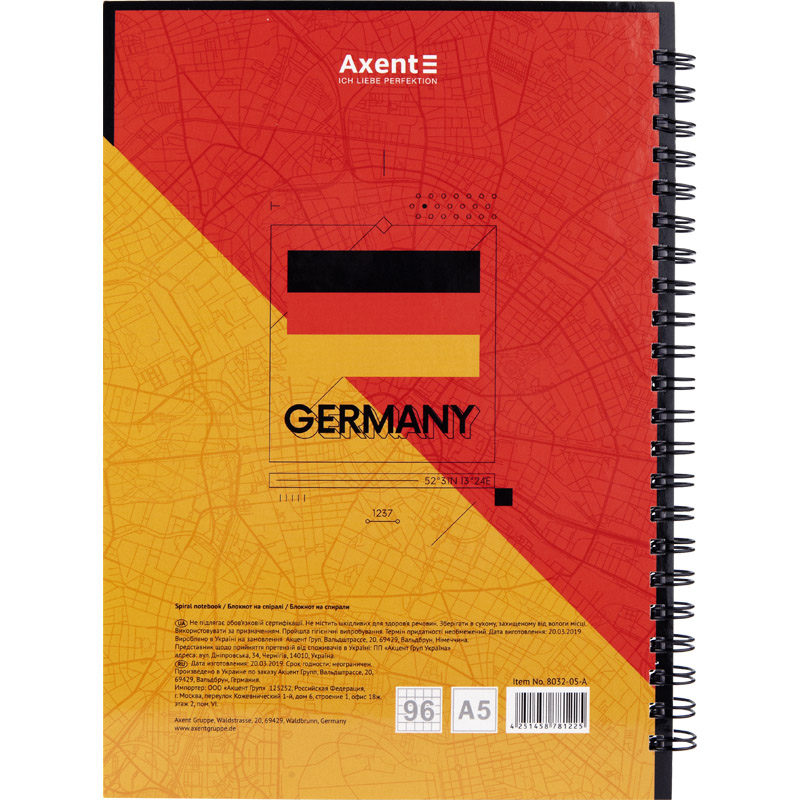 Зошит на спіралі А5, 96арк., клітинка, тверда обкладинка, Berlin Axent - фото 1