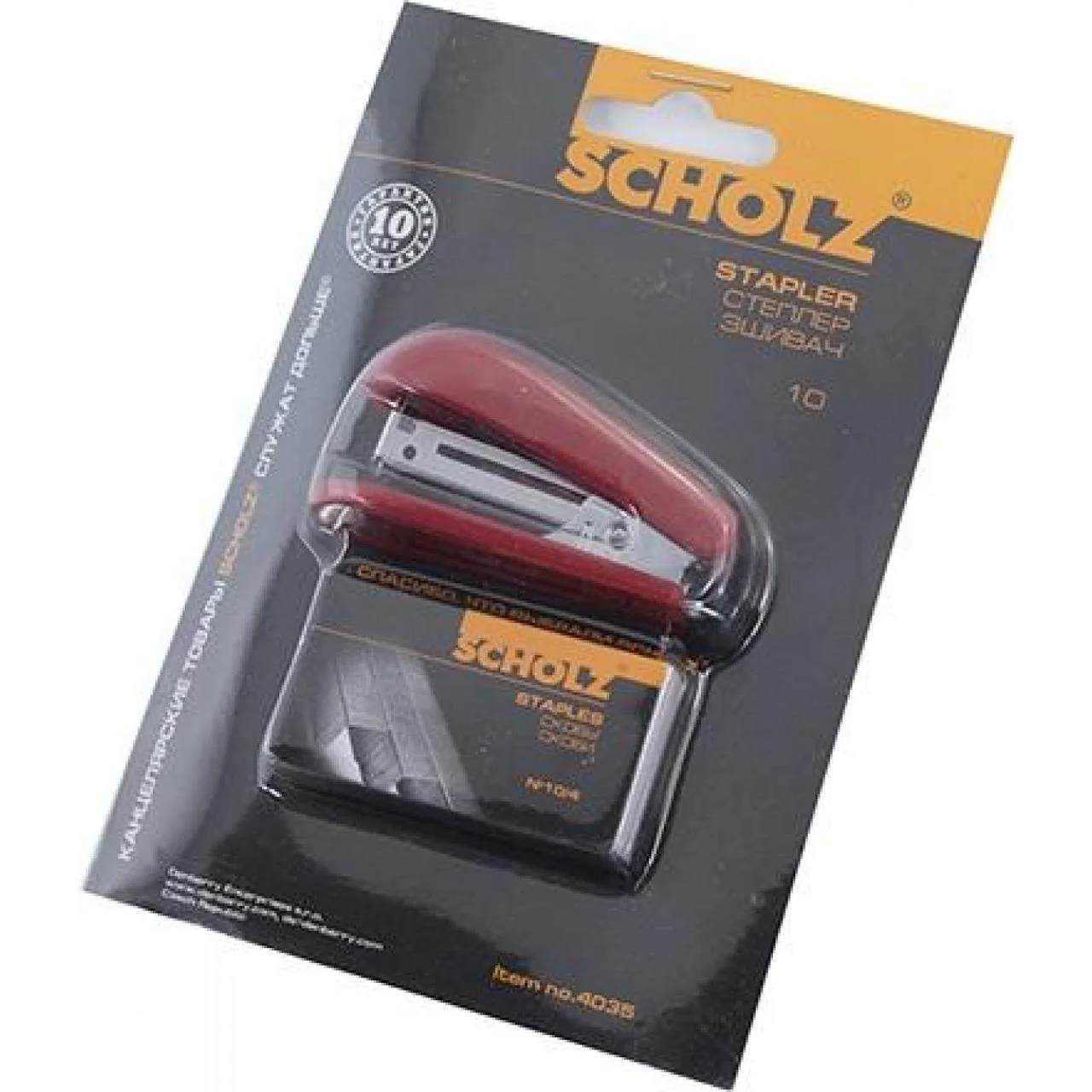 Степлер-мини №10 8л., пластик. + 1000 скоб, красн. Scholz - фото 1