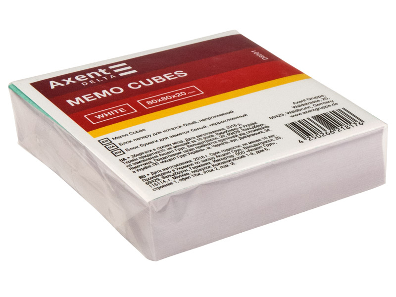 Блок для записи неклееный 80*80*20мм., Delta (D8001) Белый Axent - фото 1