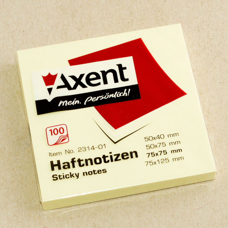 Блок паперу з клейким шаром  75*75мм.*100л., пастельний жовт. Axent - фото 1