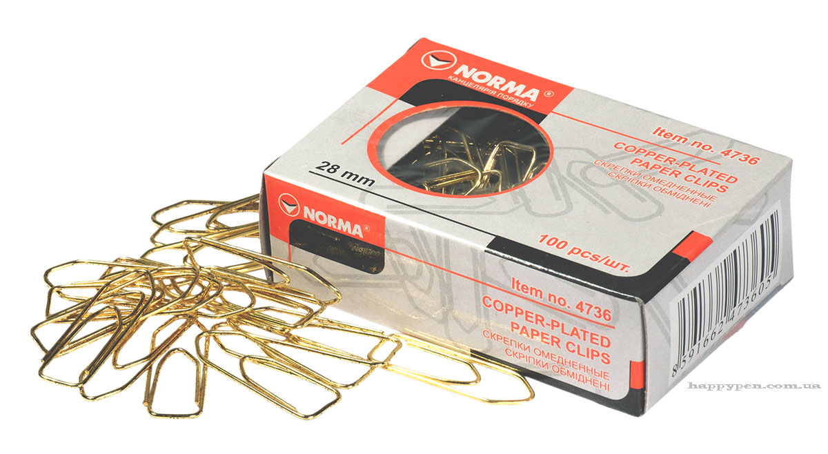 Скріпки п'ятикутні, покриття мідью, 28мм., 100шт., картон. уп. NORMA - фото 3