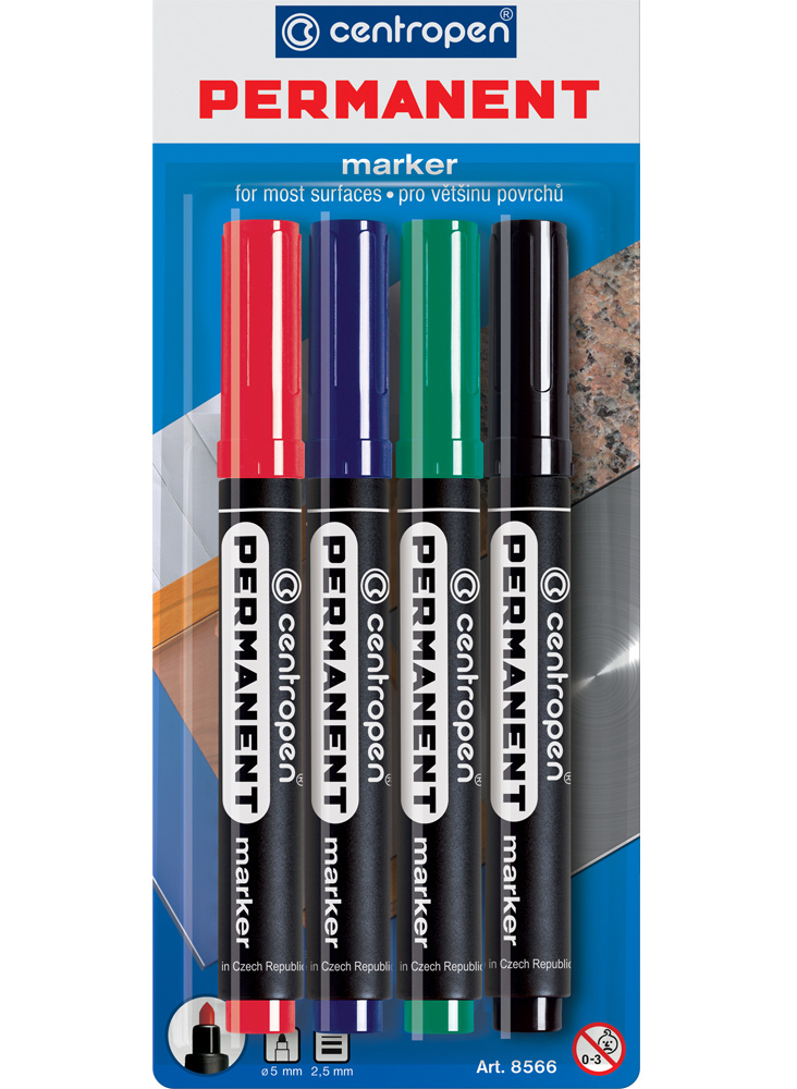 Маркер перманентний, круглий наконечник, 1мм. (М), 2846, набір 4шт./уп., асорті Centropen - фото 1