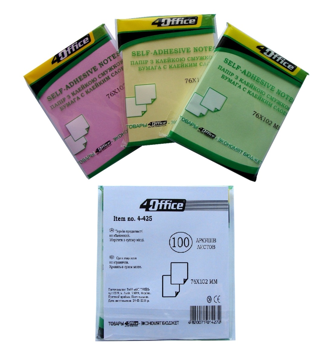 Блок паперу з клейким шаром  76*102мм.*100л., асорті 4Office - фото 2