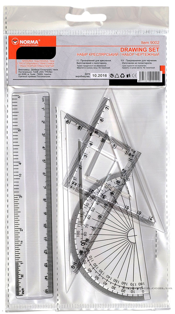 Лінійки в наборі (лінійка 15см. + 2 трикутника + транспортир), пластик. NORMA - фото 3