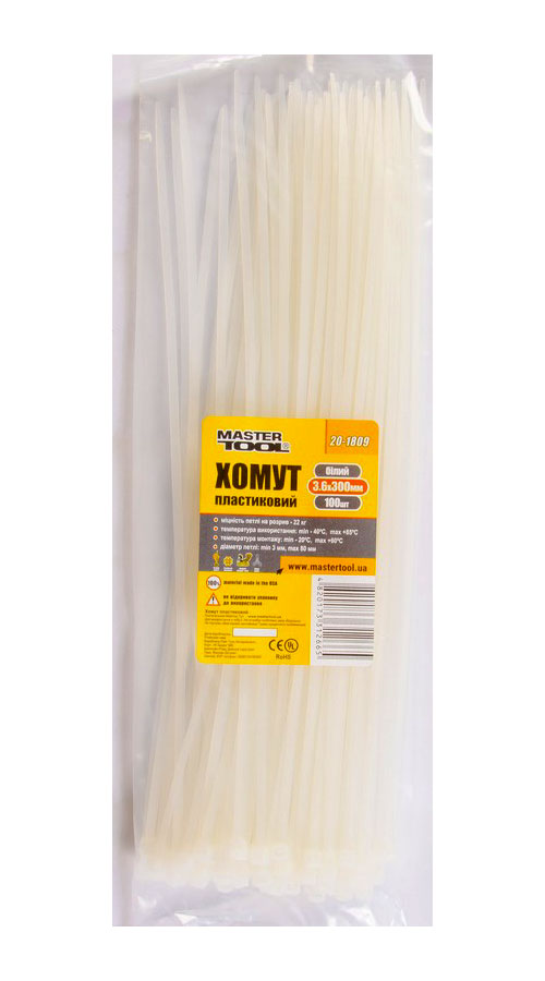 Хомут нейлоновий  (стяжка пластикова) 3,6x300 мм, 100 шт/упак., біл. MASTERTOOL - фото 1