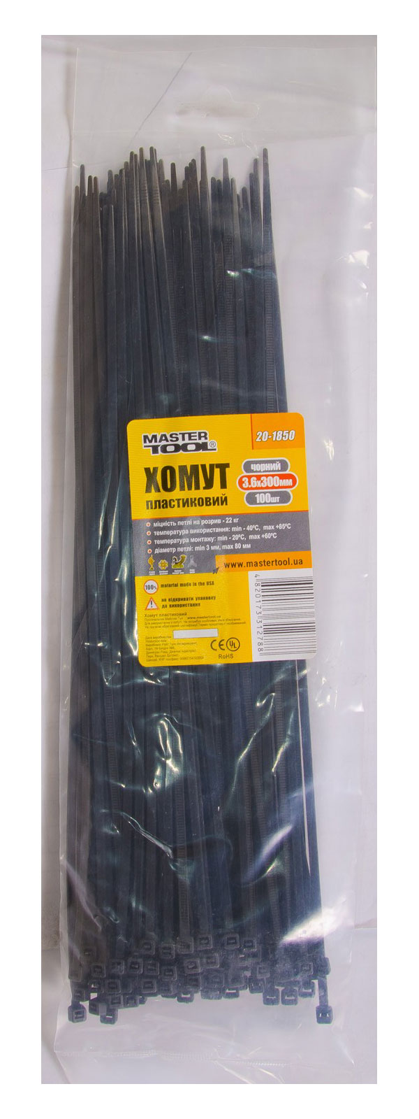 Хомут нейлоновий  (стяжка пластикова) 3,6x300 мм, 100 шт/упак., чорн. MASTERTOOL - фото 1
