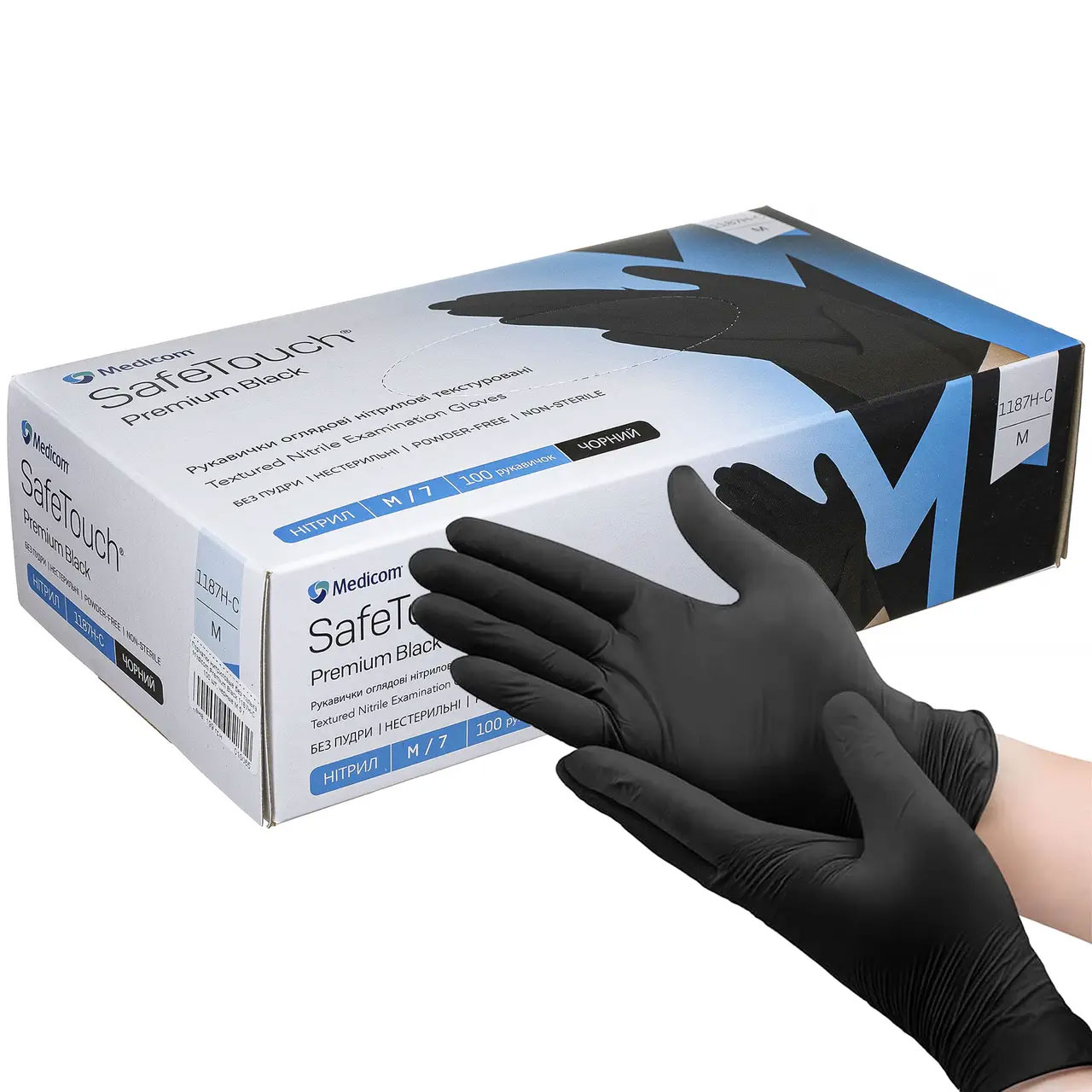 Рукавички нітрил. без пудри SafeTouch® Premium™ Black 1187H-C (5,0г), розм. M, 100шт./уп., чорн. Medicom - фото 1