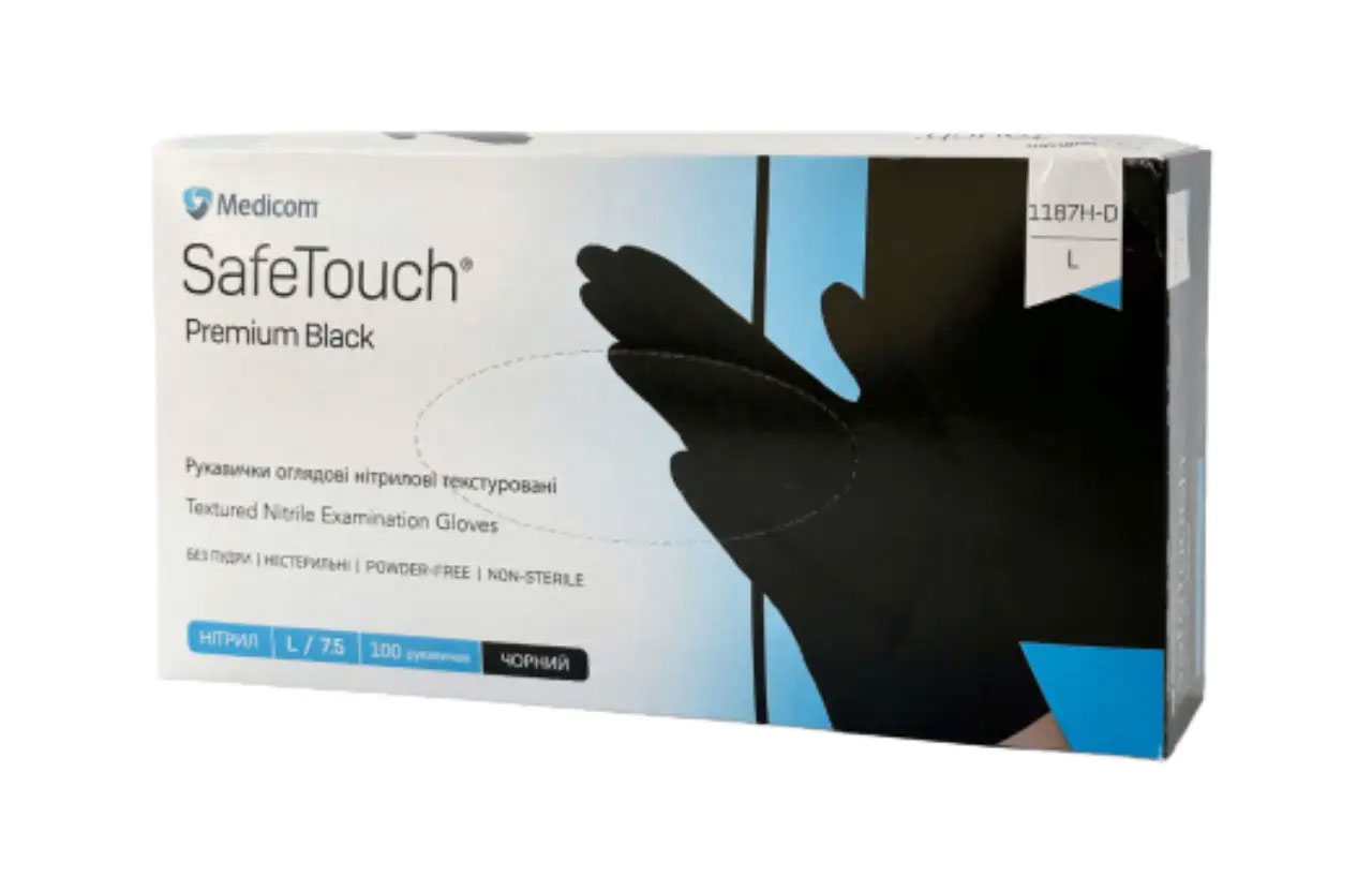 Рукавички нітрил. без пудри SafeTouch® Premium™ Black 1187H--D (5,0г), розм. L, 100шт./уп., чорн. Medicom - фото 1