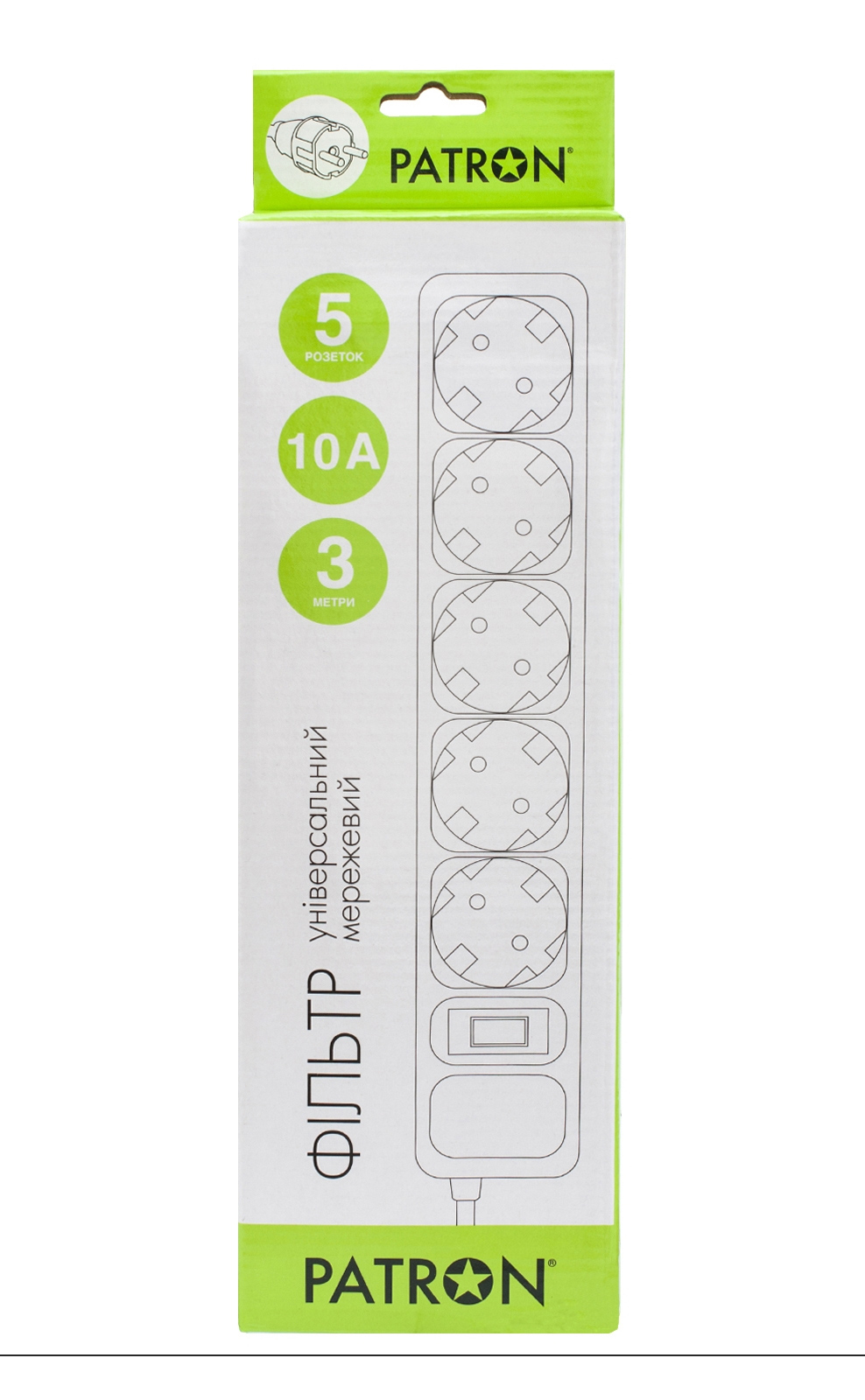 Фільтр-подовжувач 3 метри, 6 розеток із заземленням,  вимикач із запобіжником, біл. Patron - фото 2