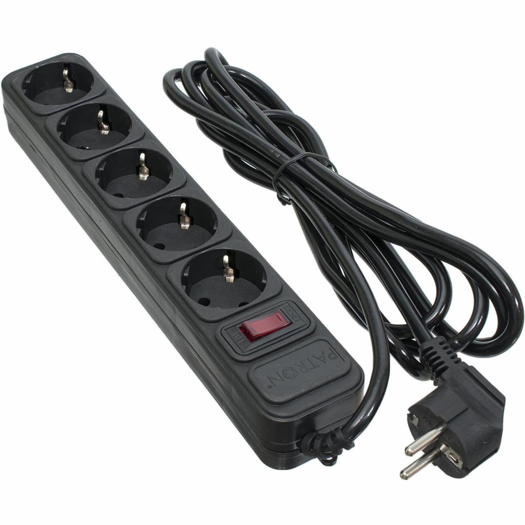 Фільтр-подовжувач 3 метри, 6 розеток з заземленням,  вимикач з запобіжником, чорн. Patron - фото 1