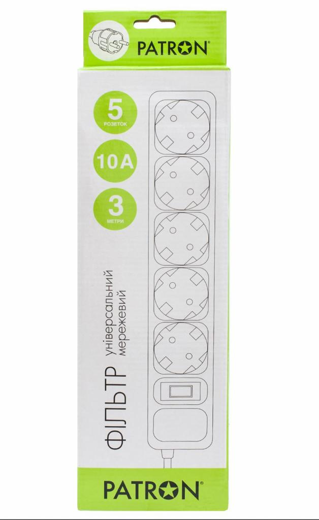 Фільтр-подовжувач 3 метри, 6 розеток з заземленням,  вимикач з запобіжником, чорн. Patron - фото 2