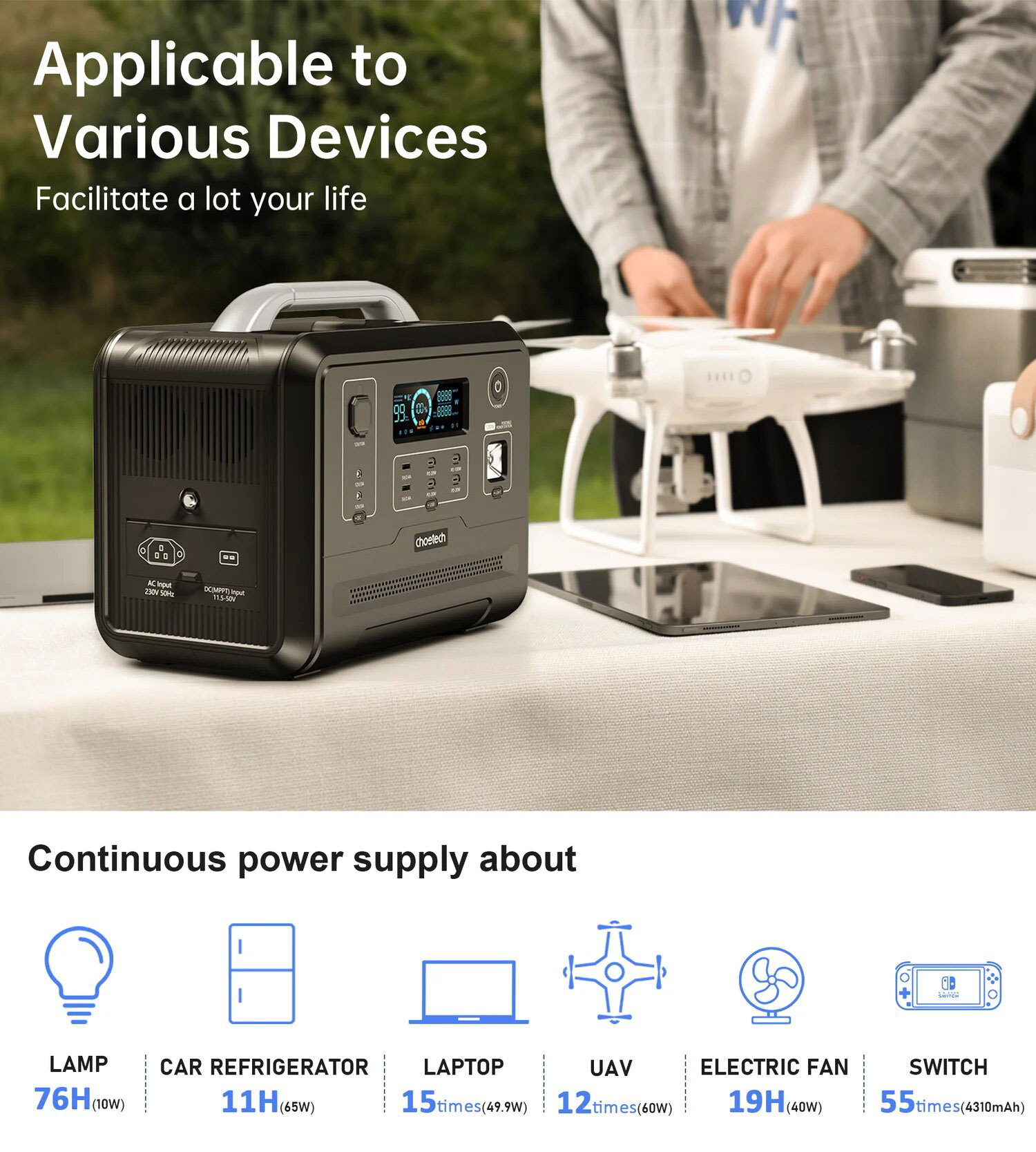 Мобильная зарядная станция Choetech 1200W, 960Wh., PD ports: 1*100W, 1*20W.,USB-A 2*5V/2.4A, LiFePo4 CHOETECH - фото 1