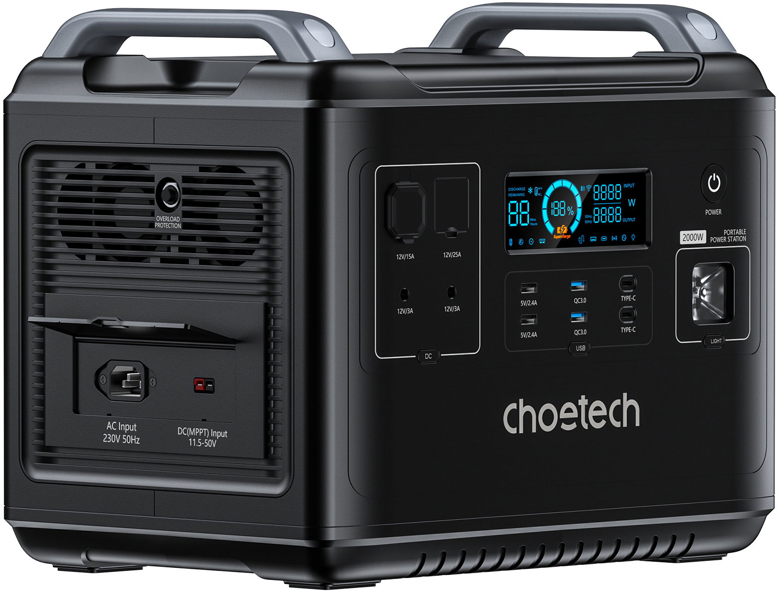 Мобильная зарядная станция Choetech 2000W, 1997Wh., PD 2*100W, QC 2*18W., USB-A 2*5V/2.4A, LiFePo4 CHOETECH - фото 2