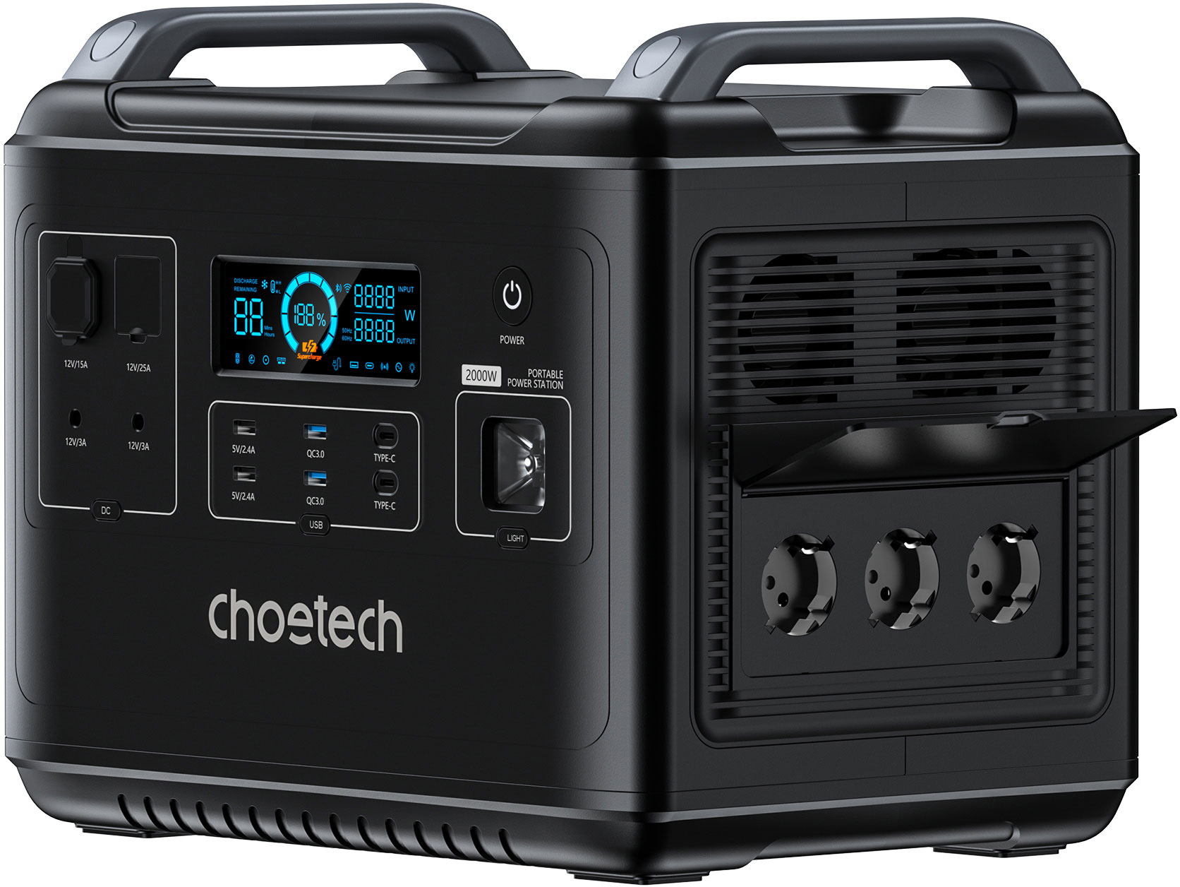 Мобильная зарядная станция Choetech 2000W, 1997Wh., PD 2*100W, QC 2*18W., USB-A 2*5V/2.4A, LiFePo4 CHOETECH - фото 4