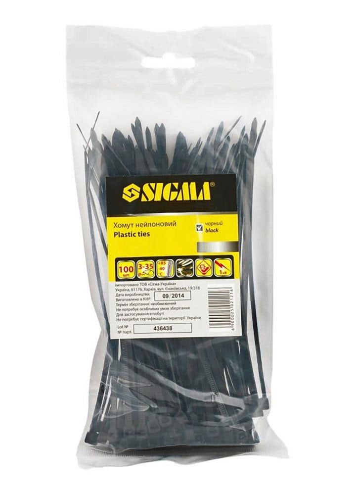 Хомут нейлоновий  (стяжка пластикова) 2,5x100 мм, 100 шт/упак., чорн. Sigma - фото 1