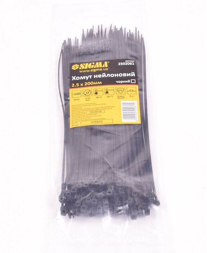 Хомут нейлоновий  (стяжка пластикова) 2,5x200 мм, 100 шт/упак., чорн. Sigma - фото 2