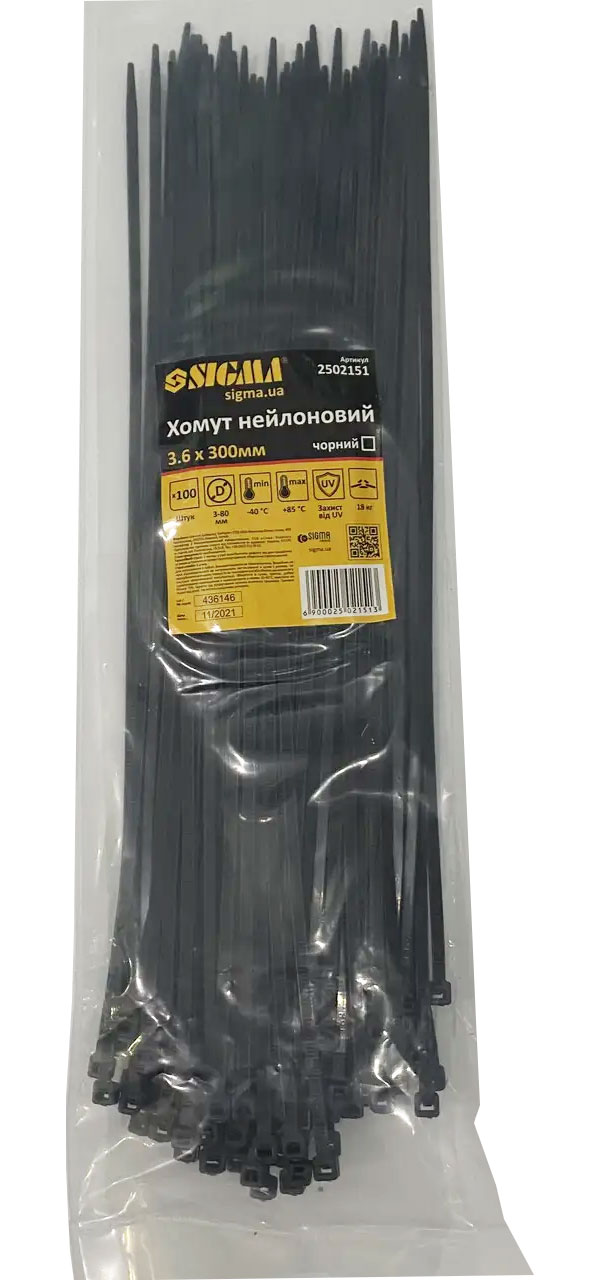 Стяжка пластиковая (хомут нейлоновый) 3,6x300 мм, 100 шт/упак., черн. Sigma - фото 2